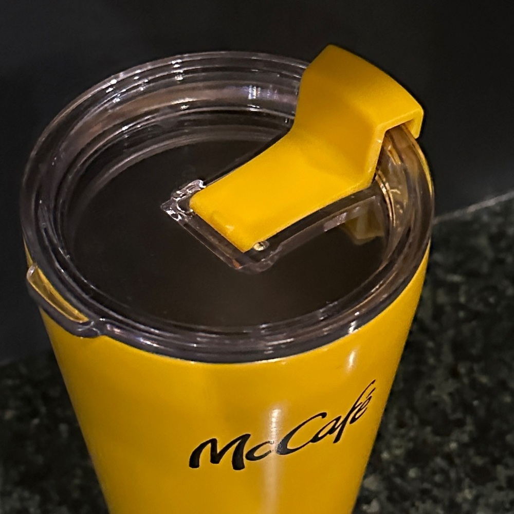 McCafé McDonald’s stainless steel timber with lid rare Yellow coffee cup EUC - Picture 3 of 8